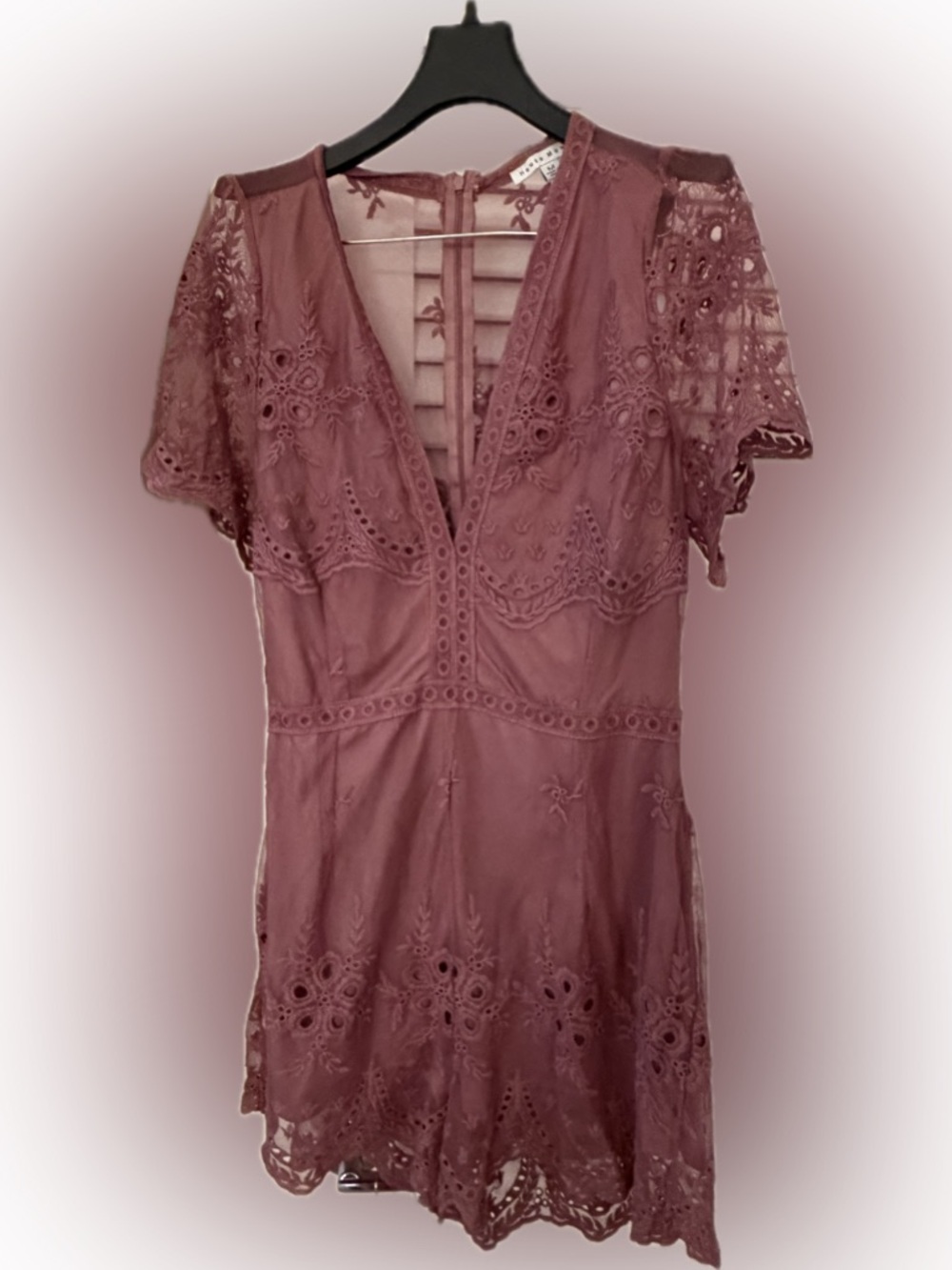 Haute Monde Dusty Rose Embroidered Lace Back V-Neck Romper
